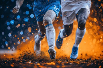Soccer players in white and blue in fierce contest, their swift legs kicking up a fiery trail of particles on the field. Competitors stride through an orange-hued, legs stirring up a storm of sparks - obrazy, fototapety, plakaty