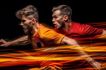 Racers in vibrant hues are blurred into fiery trails, capturing the intense velocity and fervor of their pursuit. Competitors enveloped in amber streaks embody the burning passion and dynamic energy - obrazy, fototapety, plakaty