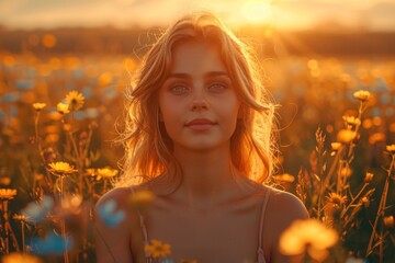 A young girl lost in thought amidst a field of vibrant yellow flowers during a picturesque sunset