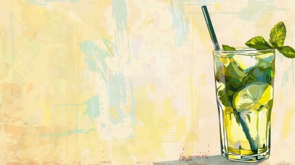  A mojito drink with straw, mint in yellow-background painting