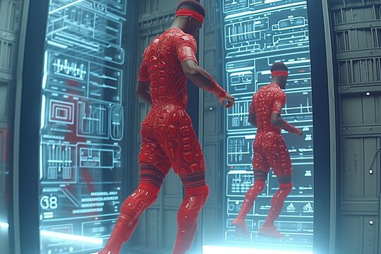 figure in futuristic red suit reflects technology’s melding with human agility in digitized environment. Encased in scarlet armor, individual mirrors advanced kinetics and tech-enhanced performance.
