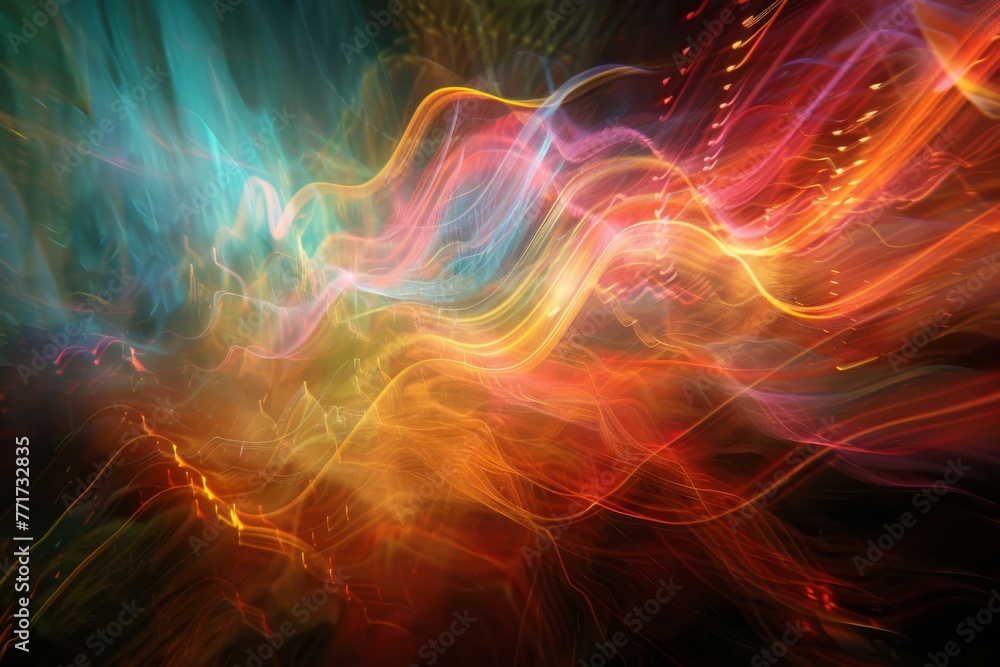 Poster a computergenerated image of a vibrant orange glowing wave resembling water in the sky on a black ba