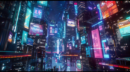 Obraz premium Dynamic holographic ads illuminate the cityscape, offering a glimpse into tomorrow's technology-driven metropolis. future, technology, holograms.