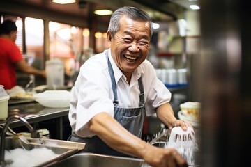 Older asian man washing dishes in a restaurant kitchen. - obrazy, fototapety, plakaty