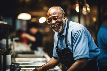 Older afro man washing dishes in a restaurant kitchen. - obrazy, fototapety, plakaty