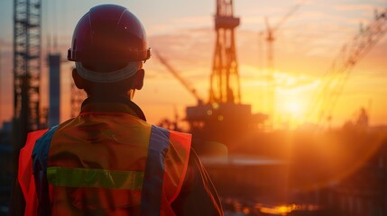 Close-up of a worker from behind wearing a safety helmet in an oil industry. Worker wearing vest and safety helmet looking at the sunset on an oil rig.