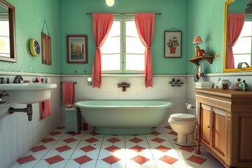 Fototapeta na wymiar Modern Bathroom With Tub, Toilet, Sink, and Mirror