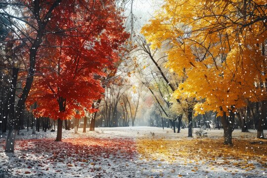 Crimson and gold leaves carpet a snow-dusted park path, an enchanting meld of fall's richness with winter’s first whisper. Radiant foliage blankets the ground, frosted lightly by snow,