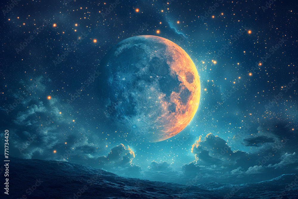 Wall mural Large, glowing moon is floating in the sky. The scene is serene and peaceful, with the moon casting a soft light water below - Wall murals