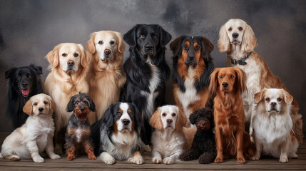 Group of different breed dogs looking at camera