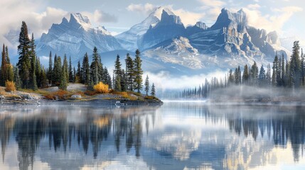 A stunning painting depicting a majestic mountain range framed by lush trees, reflecting beautifully in a serene lake Clouds softly blur into the horizon, creating a dreamy - obrazy, fototapety, plakaty
