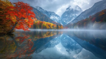  A lake with misty skies, mountain ranges surrounding it, and trees in front - obrazy, fototapety, plakaty