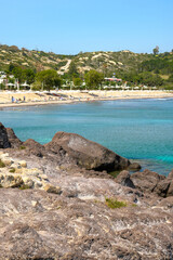 Kos, Greece - May 12, 2024: Agios Stefanos beach on the island of Kos. Greece