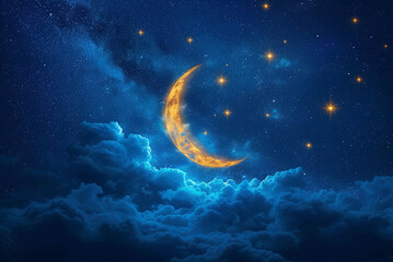Crescent moon and stars in the night sky