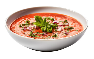 A white bowl filled with savory soup, adorned with fresh herbs