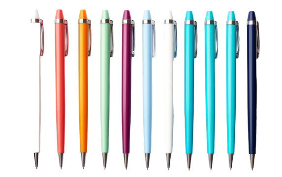 Assorted vibrant pens of various colors arranged neatly in a row on a surface