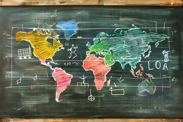 Global marketing concept drawn with chalk on blackboard .