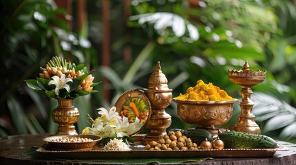 Elements of the Vishu festival, including a traditional brass lamp (Nilavilakku) and a mirror, set against a lush green background symbolize the richness and depth of Kerala's cultural traditions. - obrazy, fototapety, plakaty