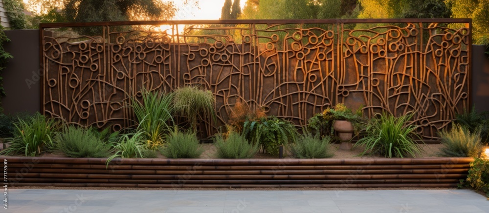 Poster a rectangle fence adorned with an artistic pattern is encircled by terrestrial plants such as shrubs