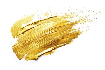 Gold color paint brush stroke. Big golden smear stain background on white backdrop. Abstract...