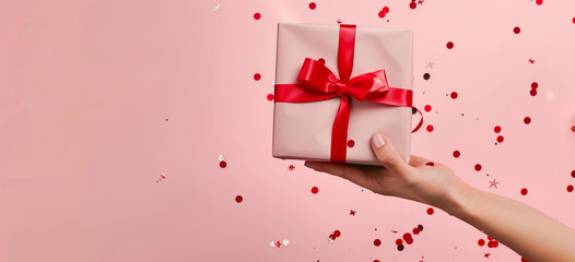 Woman hands holding elegant present gift box with red ribbon over pink background with confetti. Christmas, New Year, Valentine's Day, Mother day, Father day greeting card. Top view