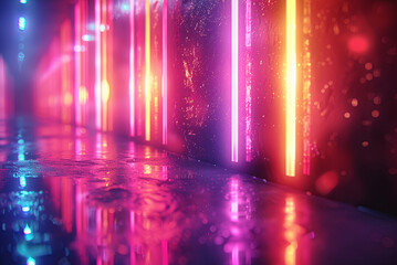 Fototapeta premium Neon sign with a rainbow of colors. The sign is lit up and he is in a hallway