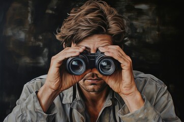 Fototapeta premium Determined Man carefully look binoculars. Careful spy discover handsome male. Generate Ai