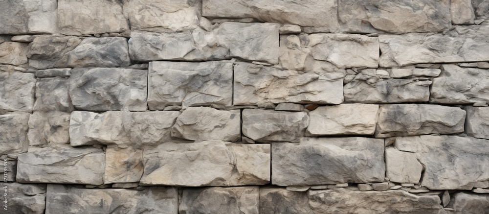 Poster a detailed closeup of a grey stone wall with rectangular brickwork pattern. the bricks are made of c