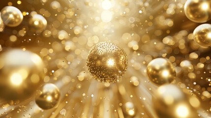 A gold ball is soaring gracefully through the air against a background filled with sparkling glitter. The shimmering circle reflects the festive atmosphere of the holiday season