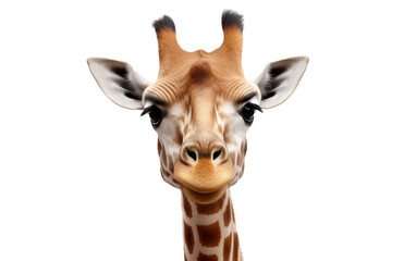 A close-up of a giraffes gentle face against a soft white background