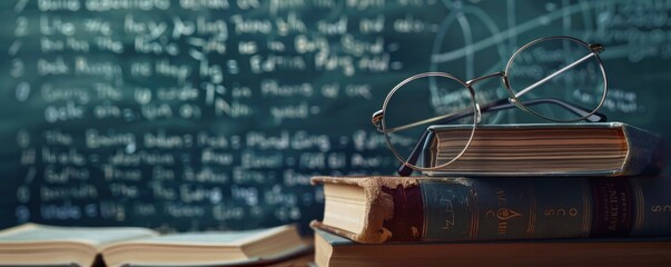 An empty blackboard with equations written on it, surrounded by a stack of books with pencils and glasses on top, represents the ideas of learning or study. - obrazy, fototapety, plakaty