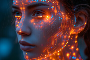 Woman's face is covered in glowing, colorful lines and dots. The image is a work of art, with a futuristic and otherworldly feel