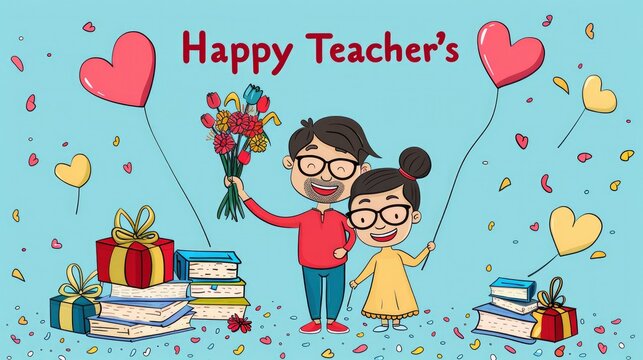 Cartoon Teacher and Student Characters Holding Flowers, Books, and Gift Boxes, Smiling Together with Happy Teacher's Day Message