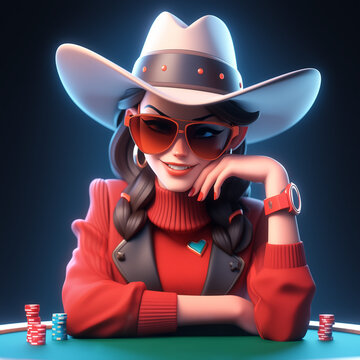 Female poker player character illustration. Cool poker player 3d style illustration. Female poker avatar. Poker player woman logo. Poker player woman icon.	