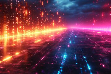 Fototapeta premium Colorful neon-lit road with a blue stripe. Scene is energetic and futuristic