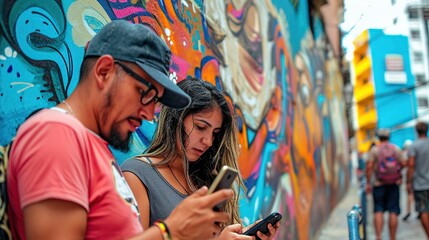 Young latin young people, standing next to a wall with graffiti, while checking her cell phone.