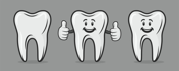 Vector Cute and Friendly Cartoon Tooth Character. Design Template for Promoting Dental Care and Toothpaste. Healthy Oral Hygiene Concept. The Smiling Tooth Character Showing Hand Gesture LIKE