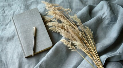 Flat lay of notebook, pen and dried flowers on gray fabric background