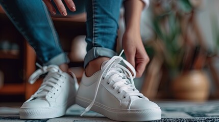 cropped shot of woman tying shoelaces on white sneakers at home - obrazy, fototapety, plakaty