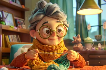 Cartoon Character Sitting in Chair With Knitted Hat On