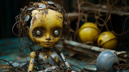 A decrepit robot doll with haunting eyes sits amongst rubble, conveying a dystopian future where technology is a relic.