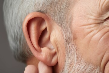 Concerned Man hearing problem closeup. Human damage acoustic. Generate Ai