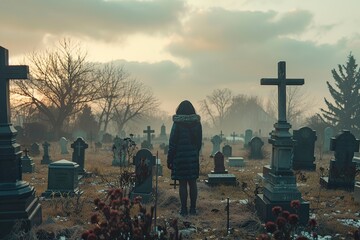 Man Walking Through Cemetery