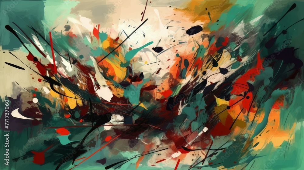 Poster vibrant abstract painting displayed on a wall, showcasing a colorful and dynamic composition that ca