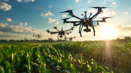 Drones operating on a farm on a sunny day. 