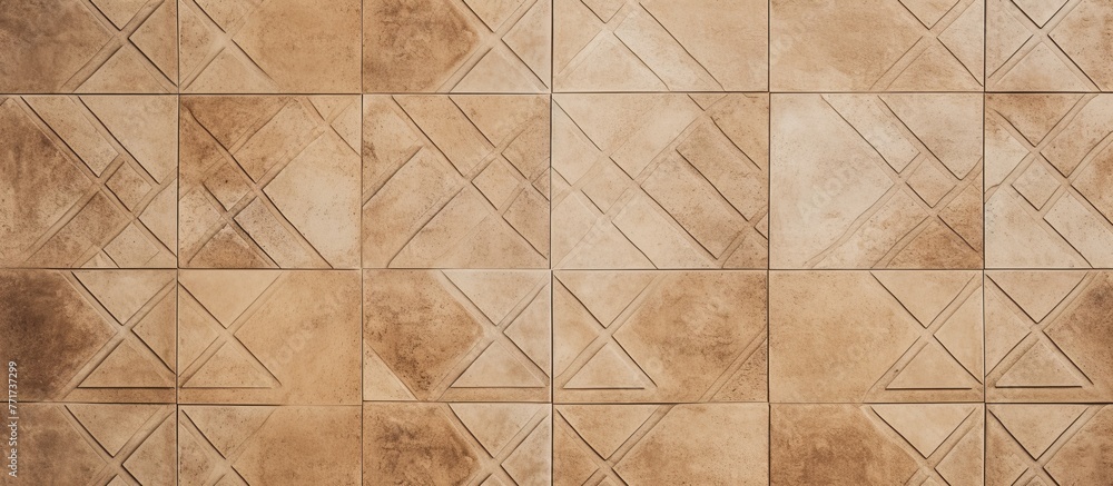 Poster a closeup of a wooden floor with a geometric pattern in brown and beige tones. the rectangle tile fl