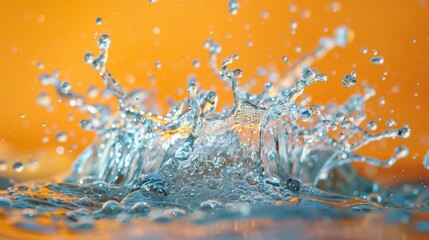  A detailed photo of an orange surface with water droplets splashing, featuring a prominent splash in the foreground