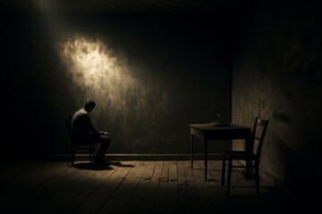Idle man sitting alone in front of the door. Home room. Generate Ai