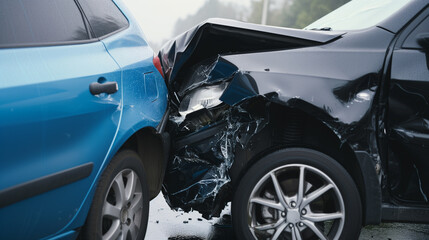 Accident between two cars. Cars stand next to each other, side view. Bumpers damaged