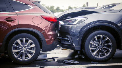 Fototapeta premium Accident between two cars. Cars stand next to each other, side view. Bumpers damaged